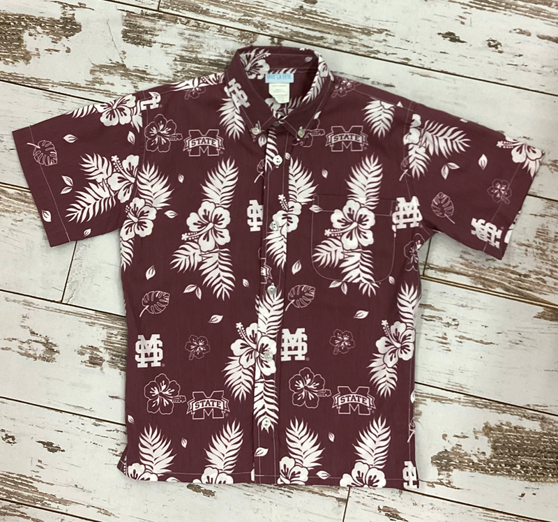 Button Down Short Sleeve Hawaiian Flower M-Over-S