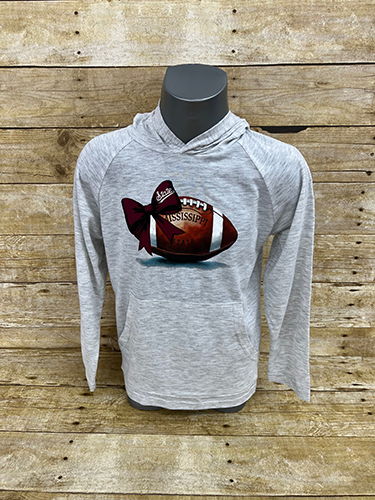 Youth T-Shirt Hooded Long Sleeve Bow with Football Script State